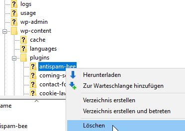 Pugin über FTP-Zugang mit FileZilla löschen